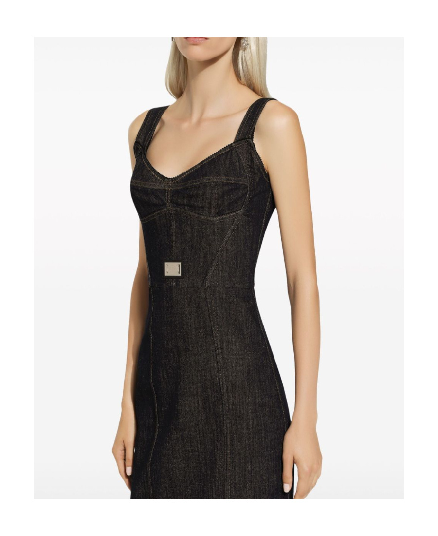 Dolce & Gabbana Logo-plaque Midi Denim Dress In Black