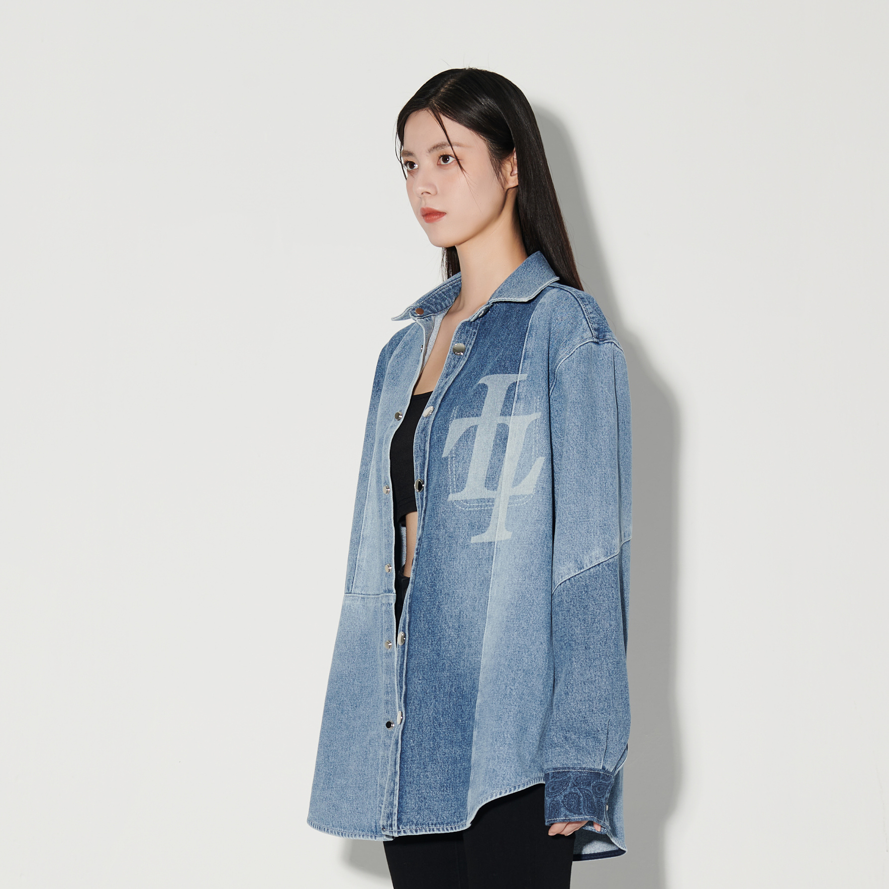 Liuregali Stitched Long-sleeved Denim Shirt In Blue