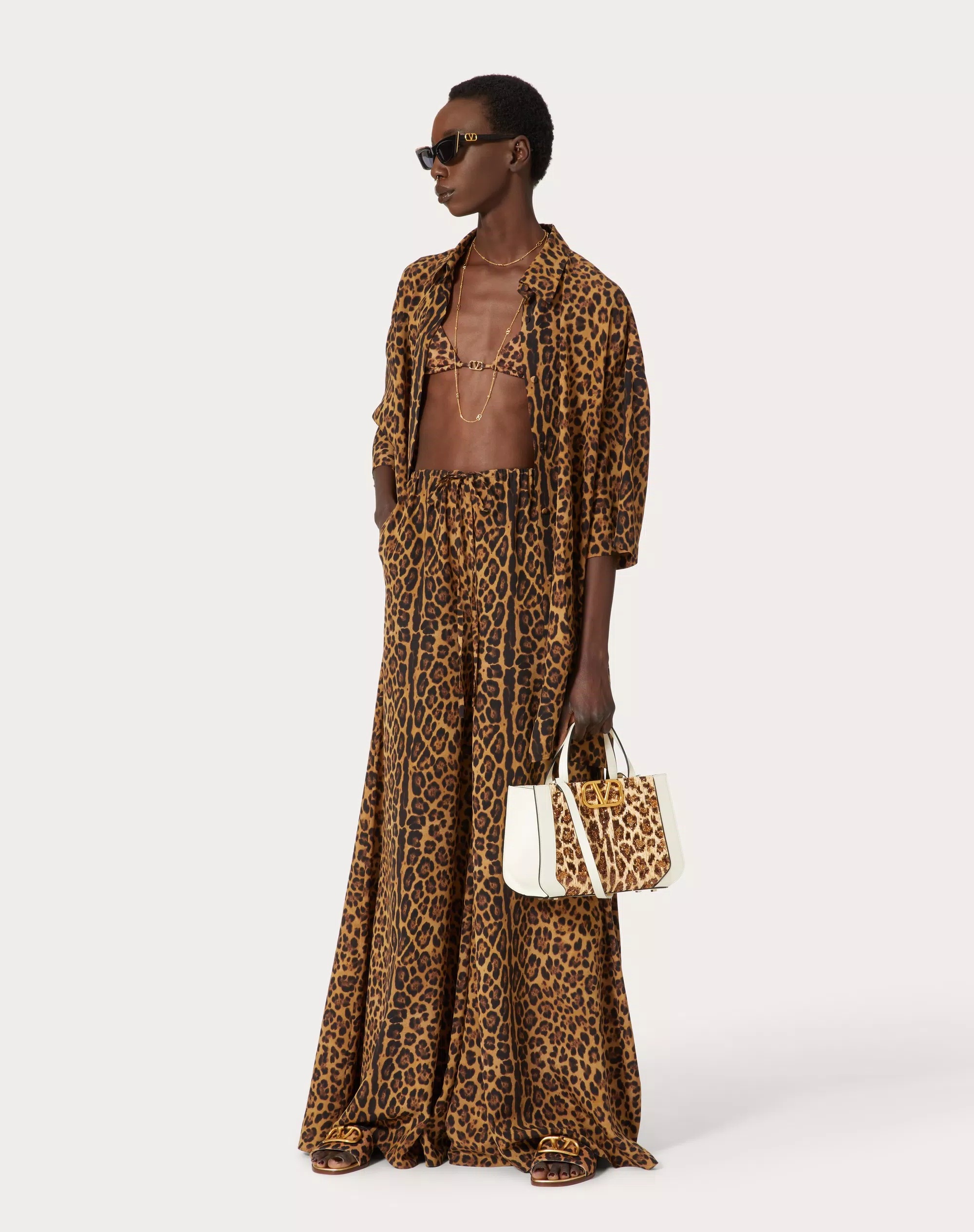 Valentino Leopard Print Crepe Chine Casual Pants
