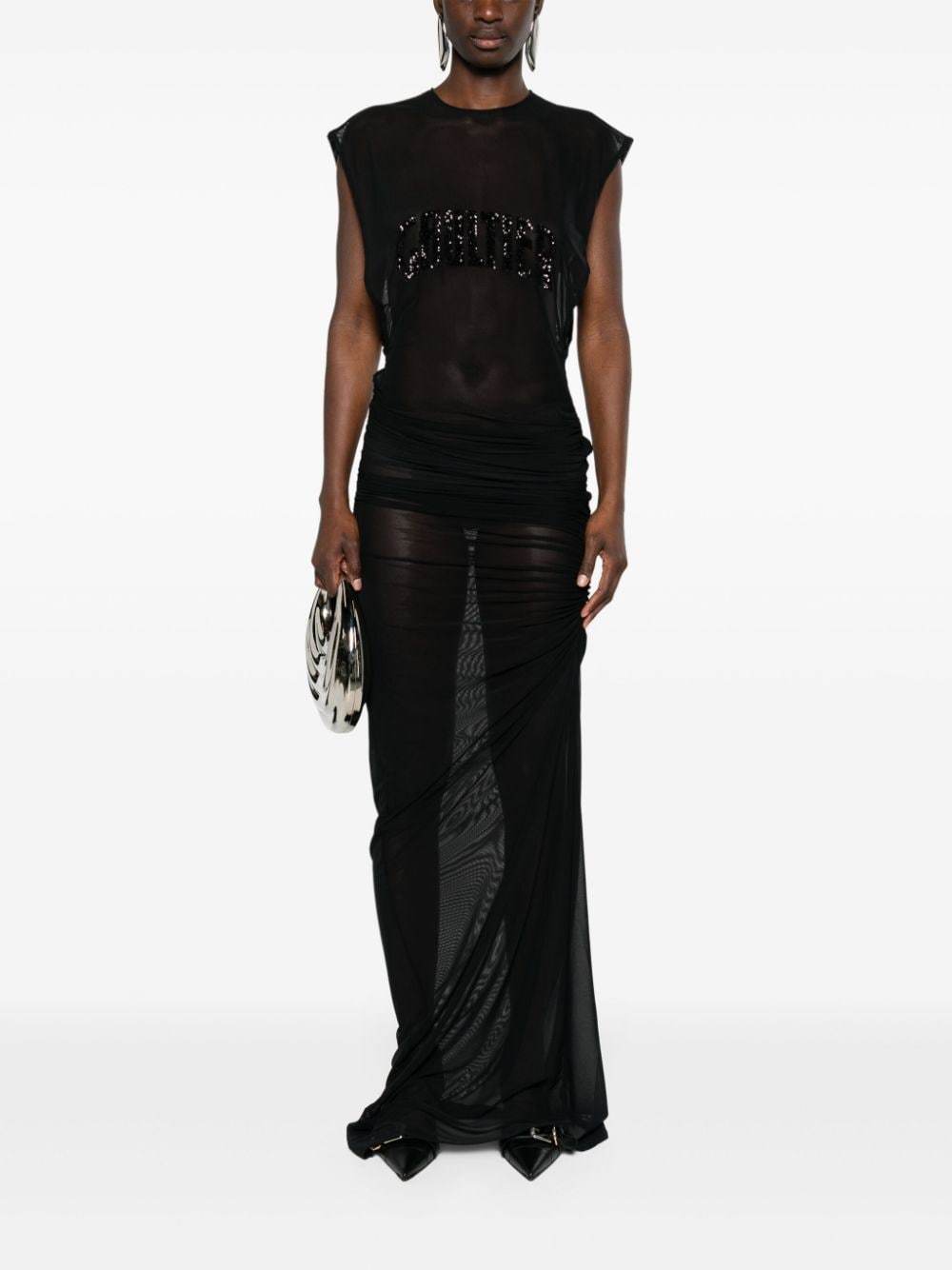Shop Jean Paul Gaultier Logo-embroidered Mesh Maxi Dress In Black