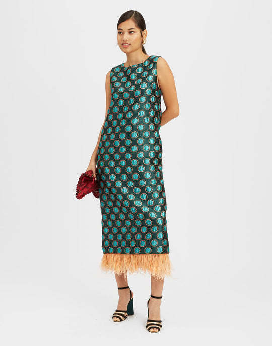 La Doublej Jacquard Column Dress With Feather Trim In Green