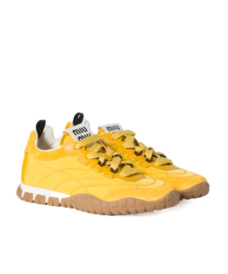 Miu Miu Tyre Technical Fabric And Suede Sneakers In Gold