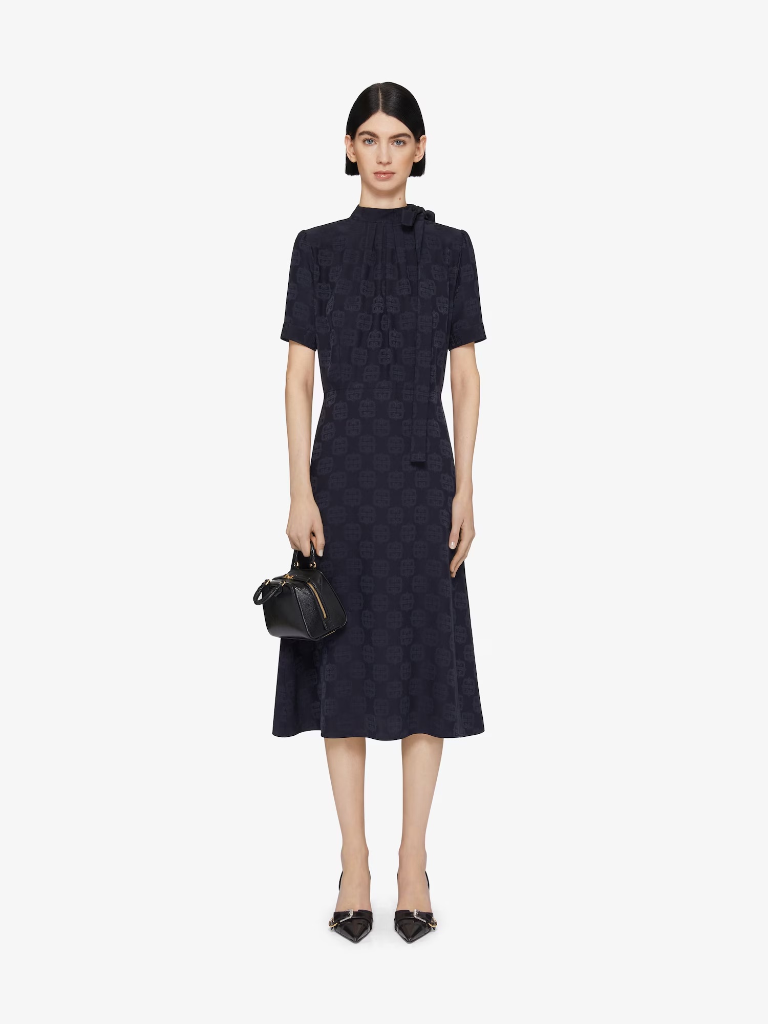 Givenchy 4g Baroque Jacquard Midi Dress With Tie Neck In Blue