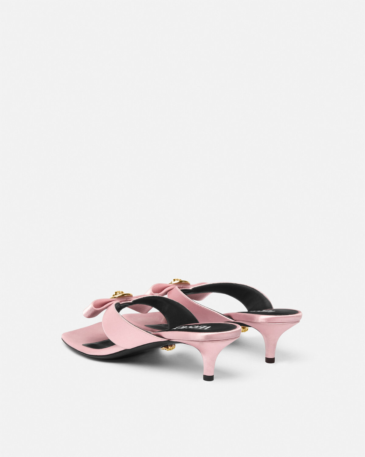 Versace Woman Pink Satin Gianni Ribbon Thong Mules In Pink