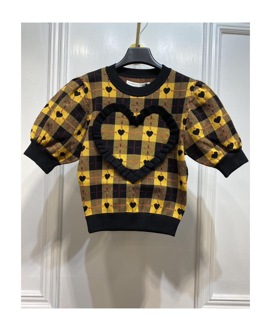 Alessandra Rich Heart Plaid Print Knit Top In Black