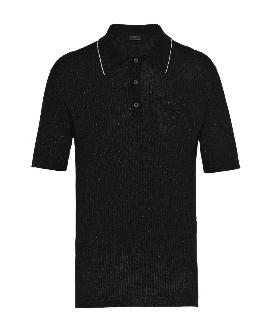Prada Logo Embroidered Short Sleeved Polo Shirt In Black