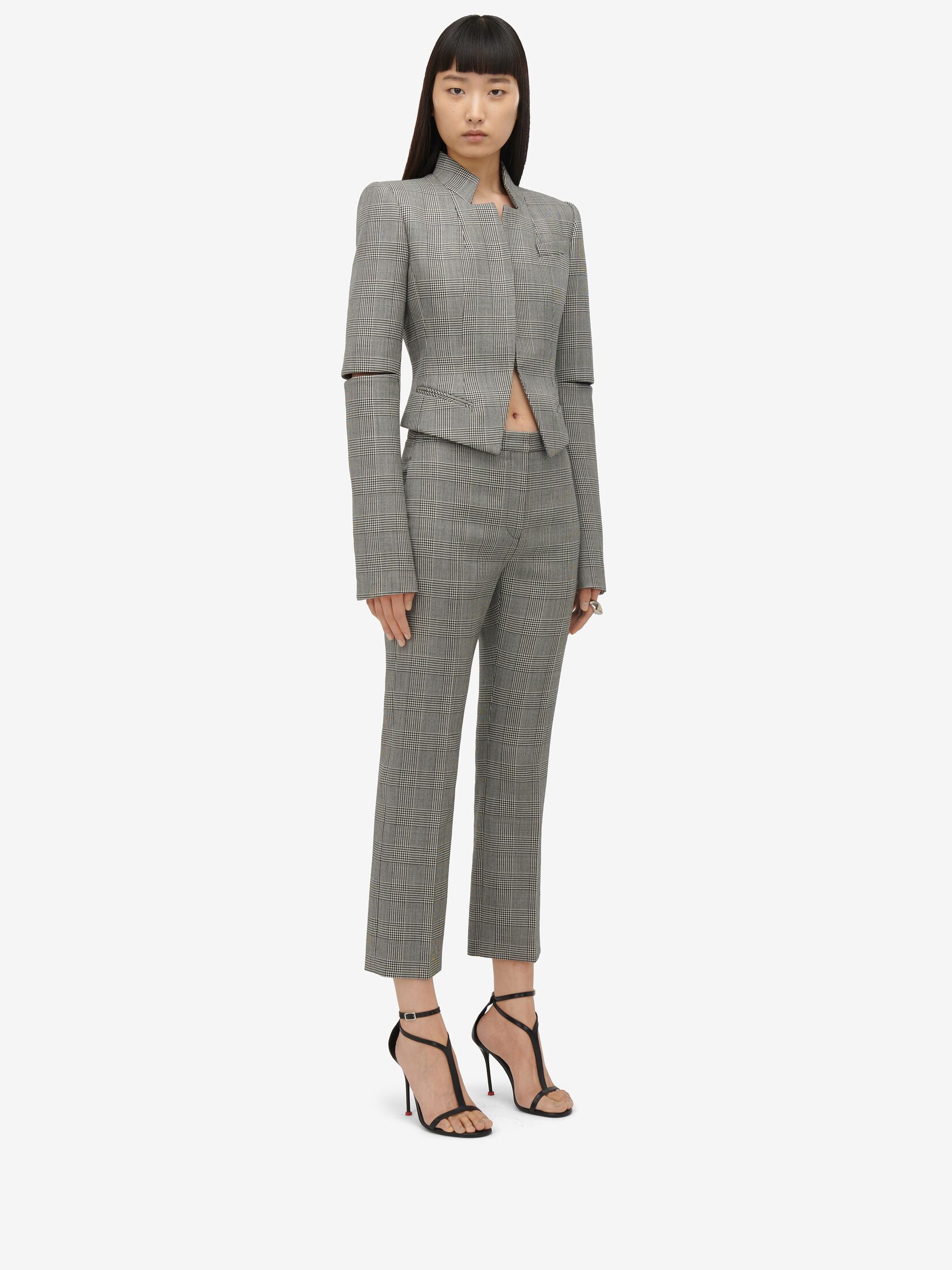 Alexander Mcqueen Checked Cropped Wool Trousers In Gray