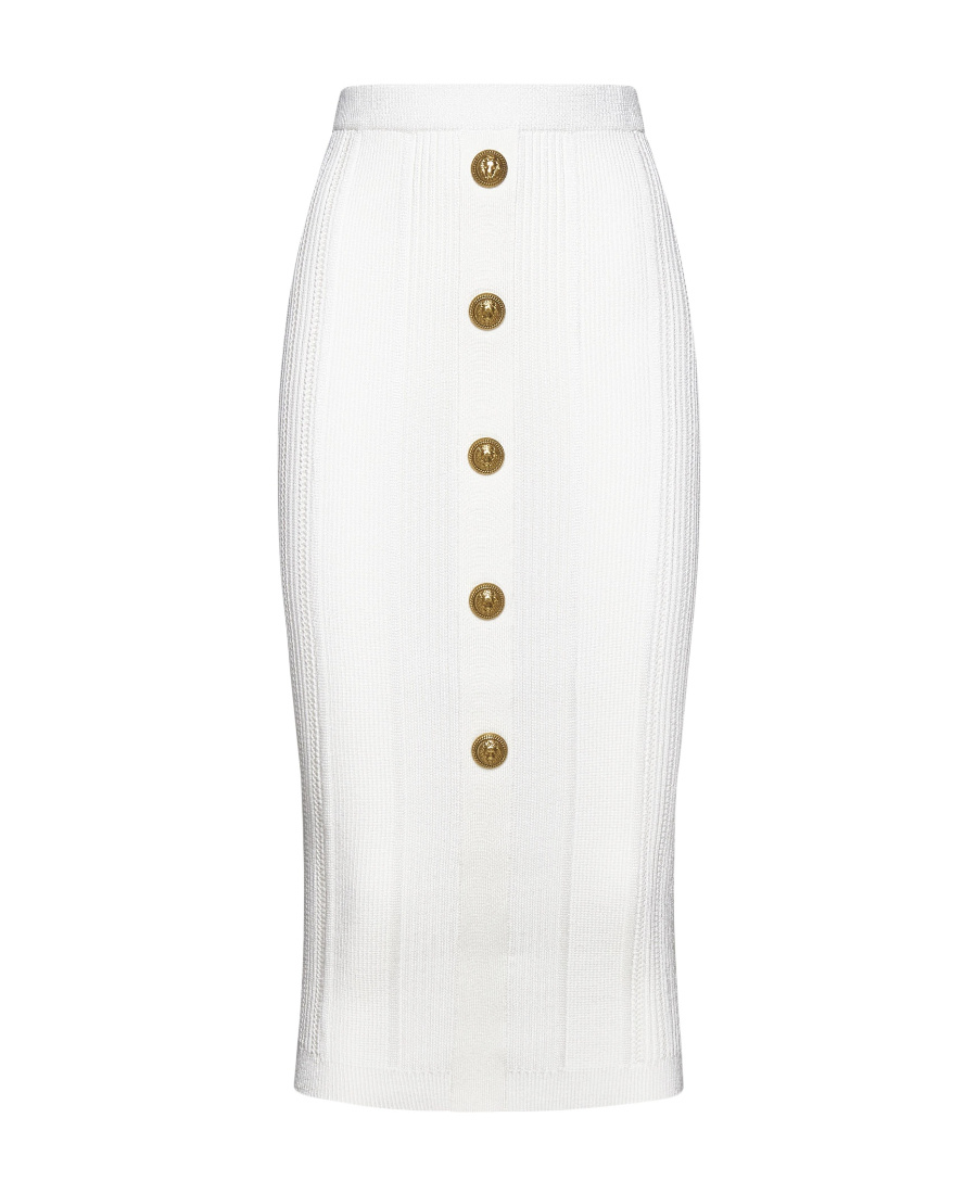 BALMAIN LION-HEAD-BUTTONS RIBBED SKIRT