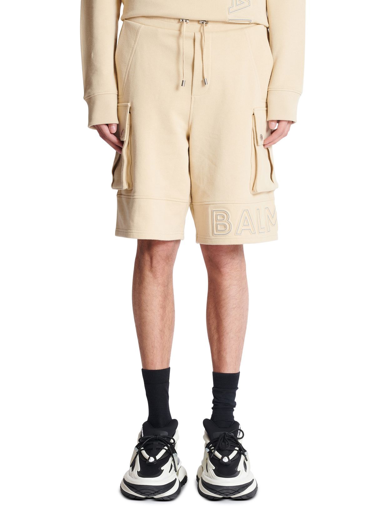 Shop Balmain Logo Shorts In Nude