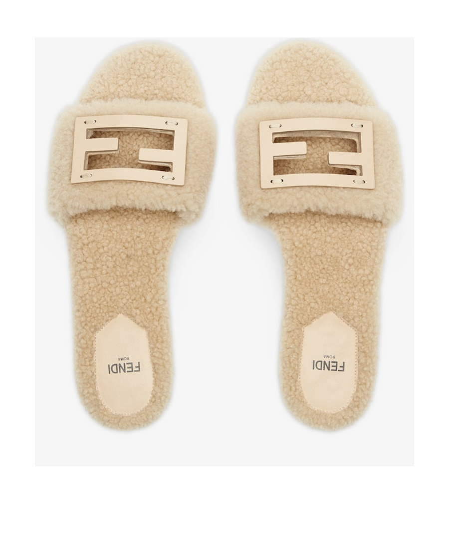 Fendi Baguette Ff-motif Sheepskin Slides In Nude