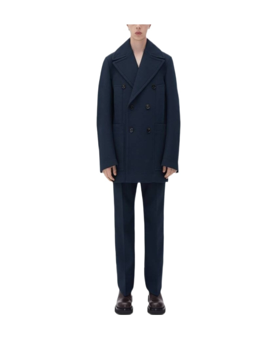 Bottega Veneta Curved Double Overcoat In Blue