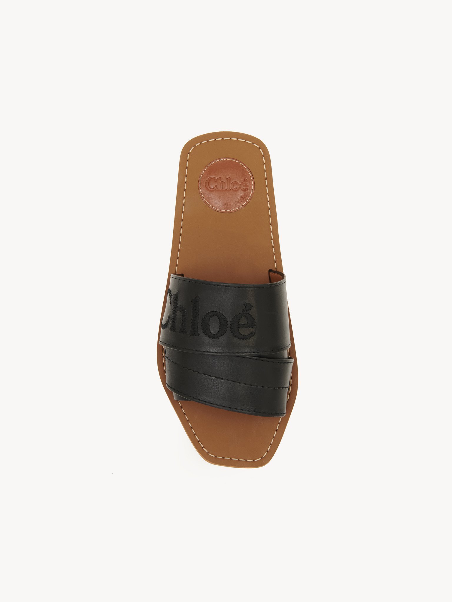 Chloé Leather Flat Mules With Square Toe And Embroidered Logo In Black