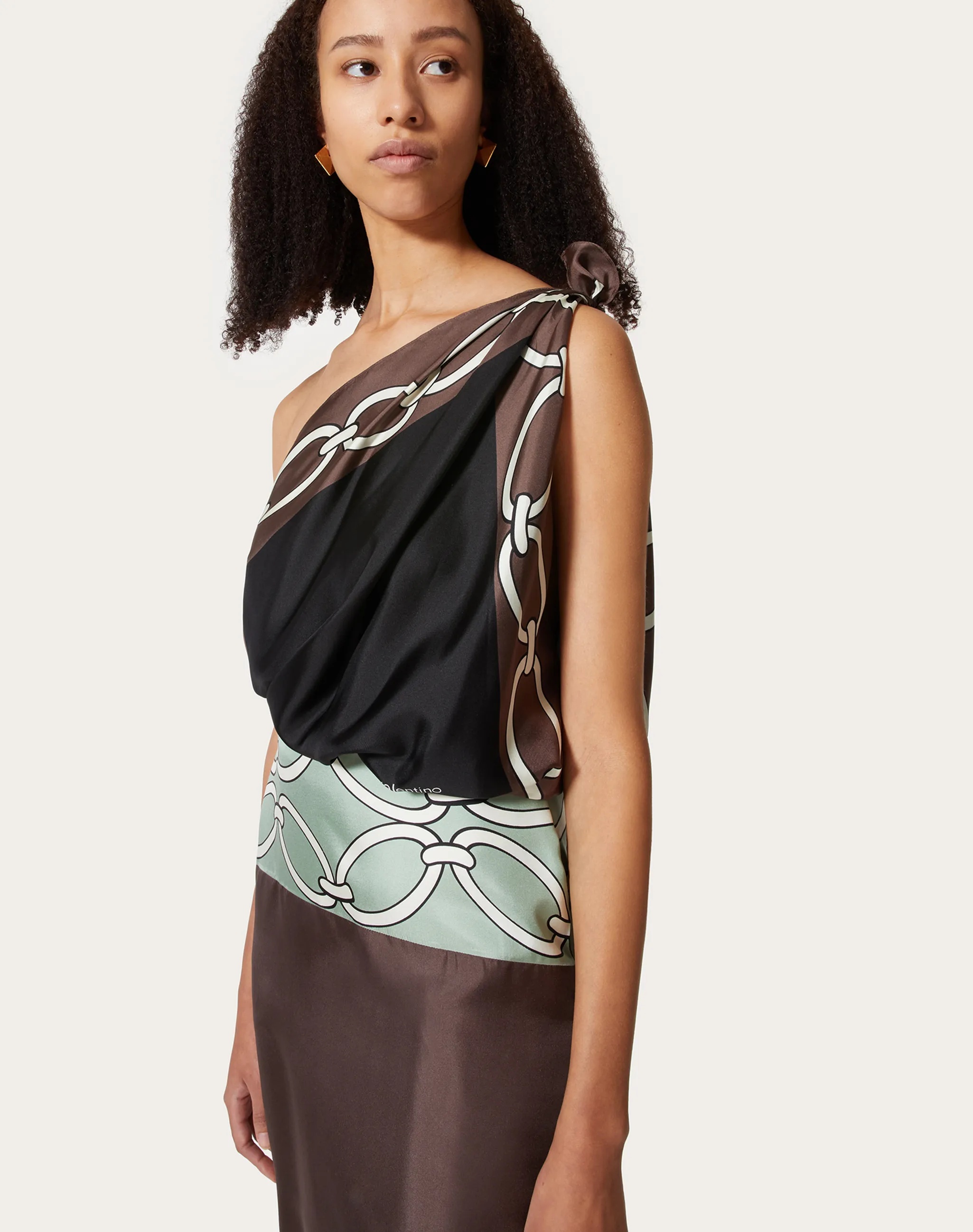 Valentino Chain-print One-shoulder Silk Midi Dress In Brown