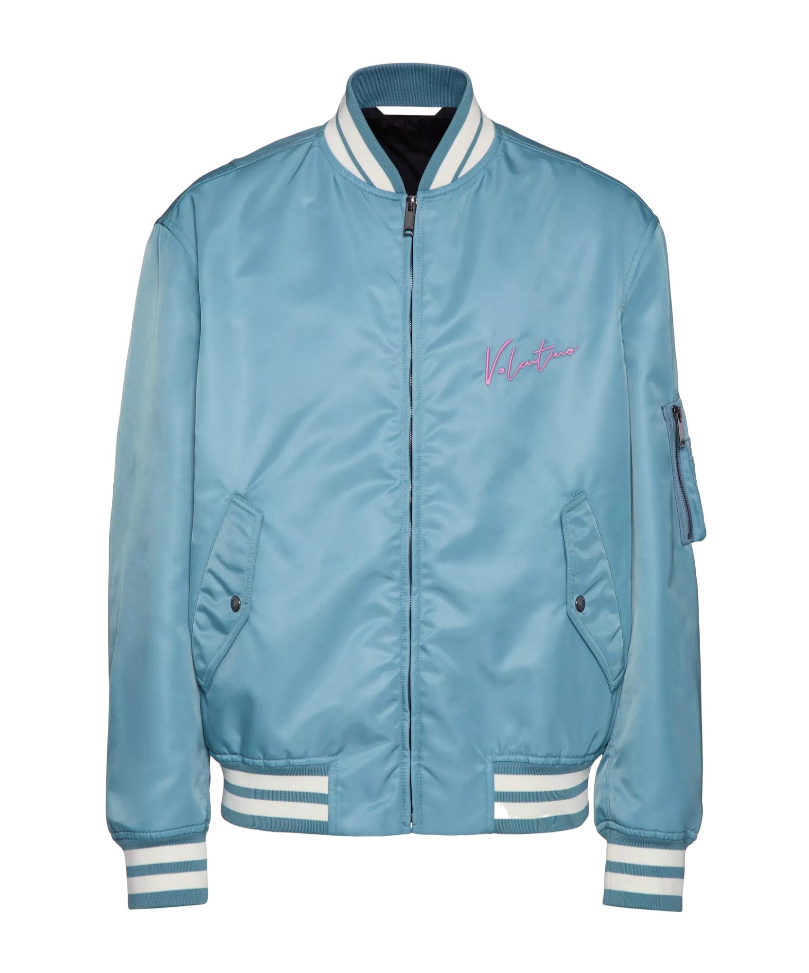 Valentino Nylon Bomber Jacket With Embroidery And Print. In Blue