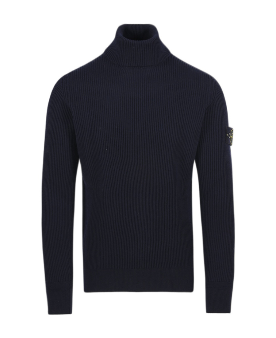 Stone Island Turtleneck With Iconic Logo On The Sleeve In Blue