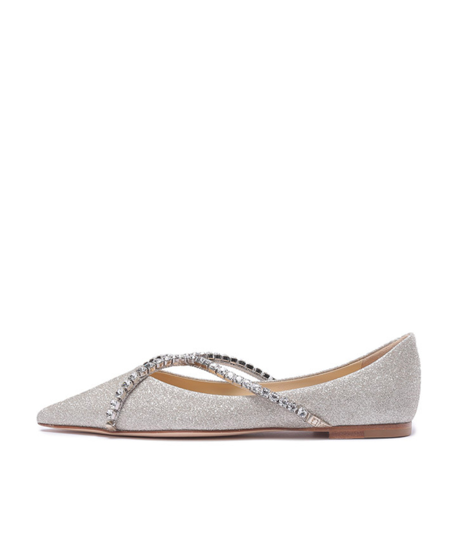 Jimmy Choo Crystal Chain Pointed Shallow-mouth Flat Shoes In Gray