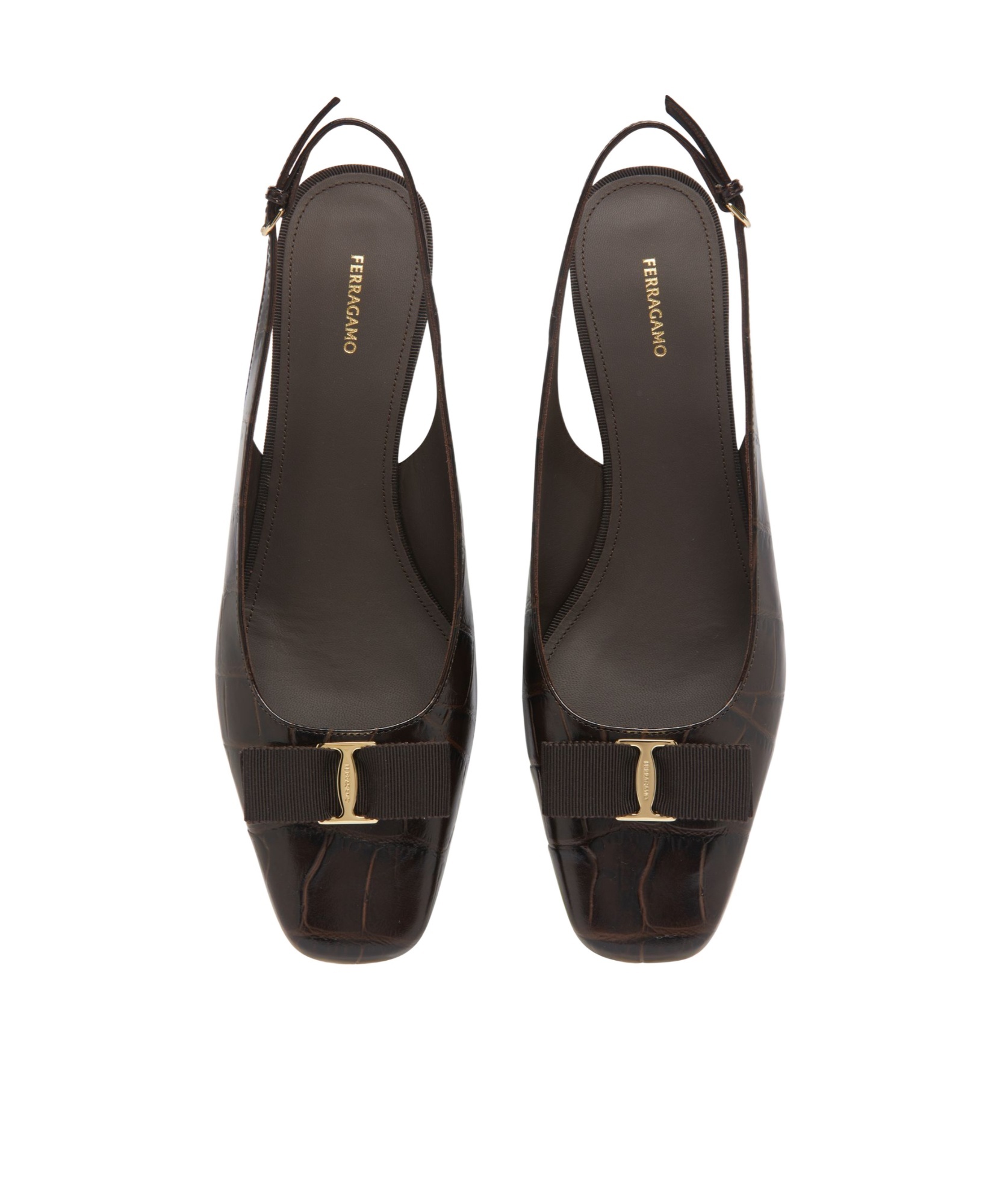 Ferragamo Rivada 30 Croc-embossed Slingback Pumps In Brown