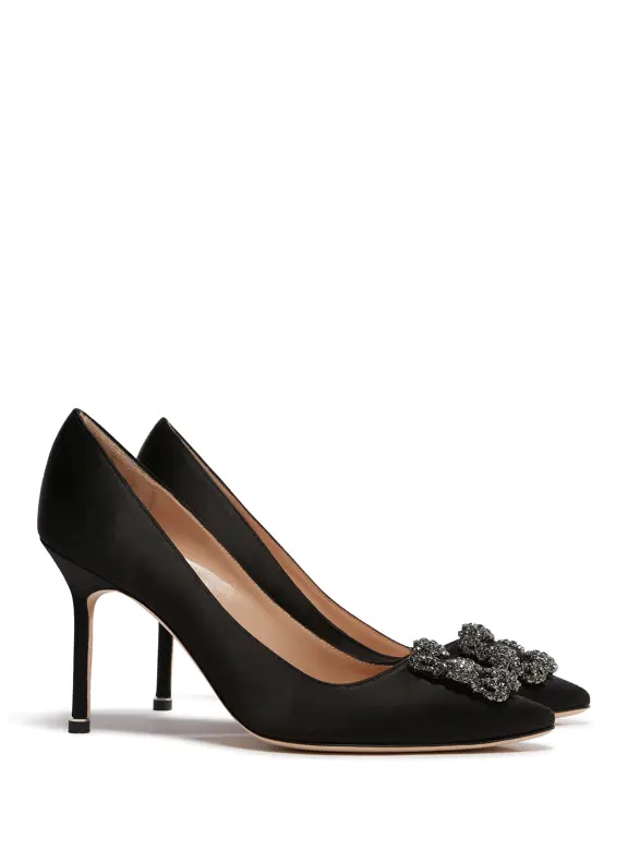 Manolo Blahnik Hangisi 70 Crystal Buckle Satin Pumps In Black