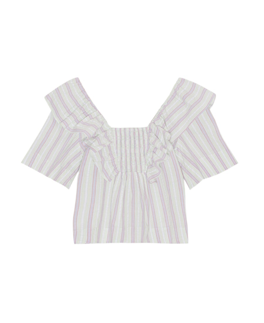 Ganni Striped Seersucker Ruffle Blouse In White