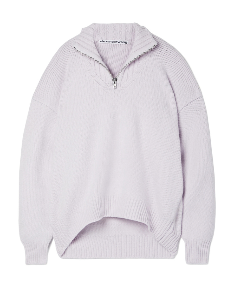 Alexander Wang Wool Back Vertical Pleated Semi-zipper Pullover In Purple