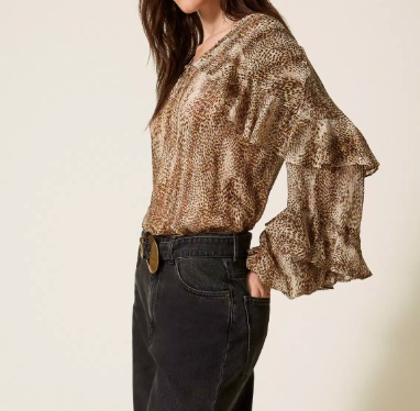 Twinset Animal Print Blouse With Ruffled Sleeves In Brown