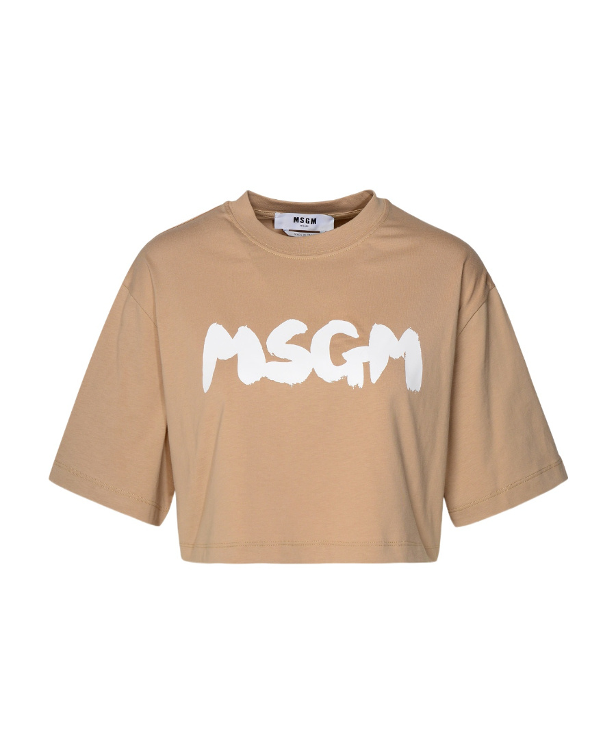 Msgm Cropped Logo-print Cotton T-shirt In Nude