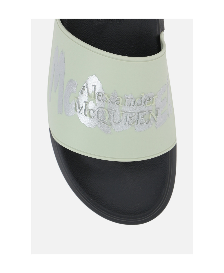 Alexander Mcqueen Embossed-logo Open Toe Slides In Green