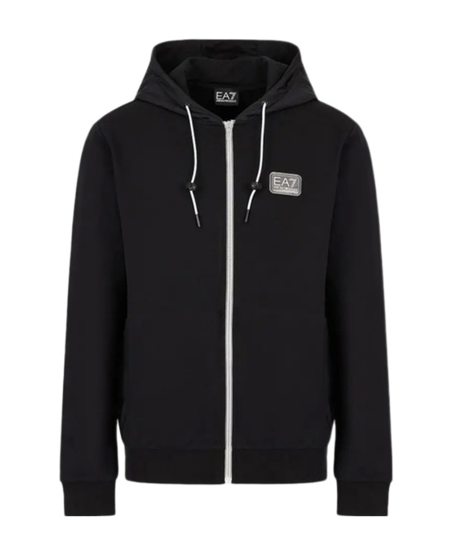 Ea7 Logo Hooded Zipper Sweater In Black