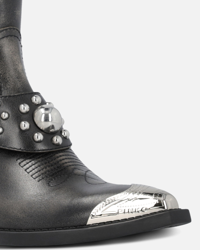 Pinko Texan-style Ankle Boots In Brushed Leather With Metal Toe In Black