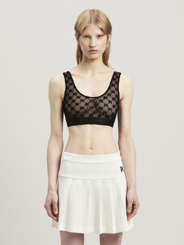 Palm Angels Monogram Pattern Scoop Neck Lace Bra In Black