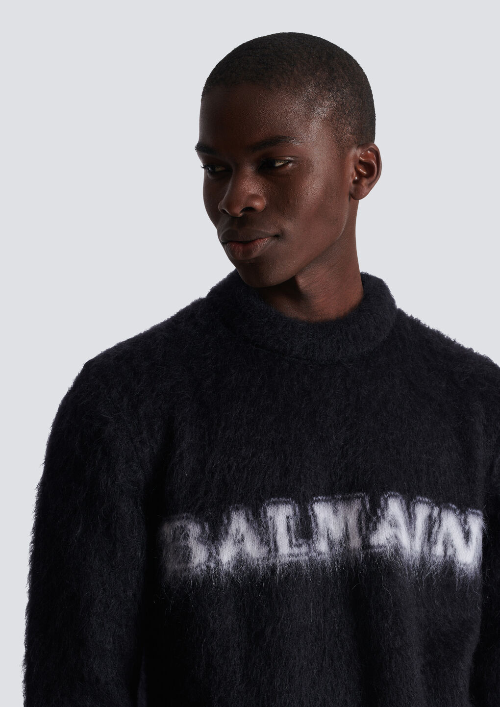 Balmain Black Crewneck Sweater With Maxi Logo Lettering On The Front And Brushed Effect In Wool Blen In Black