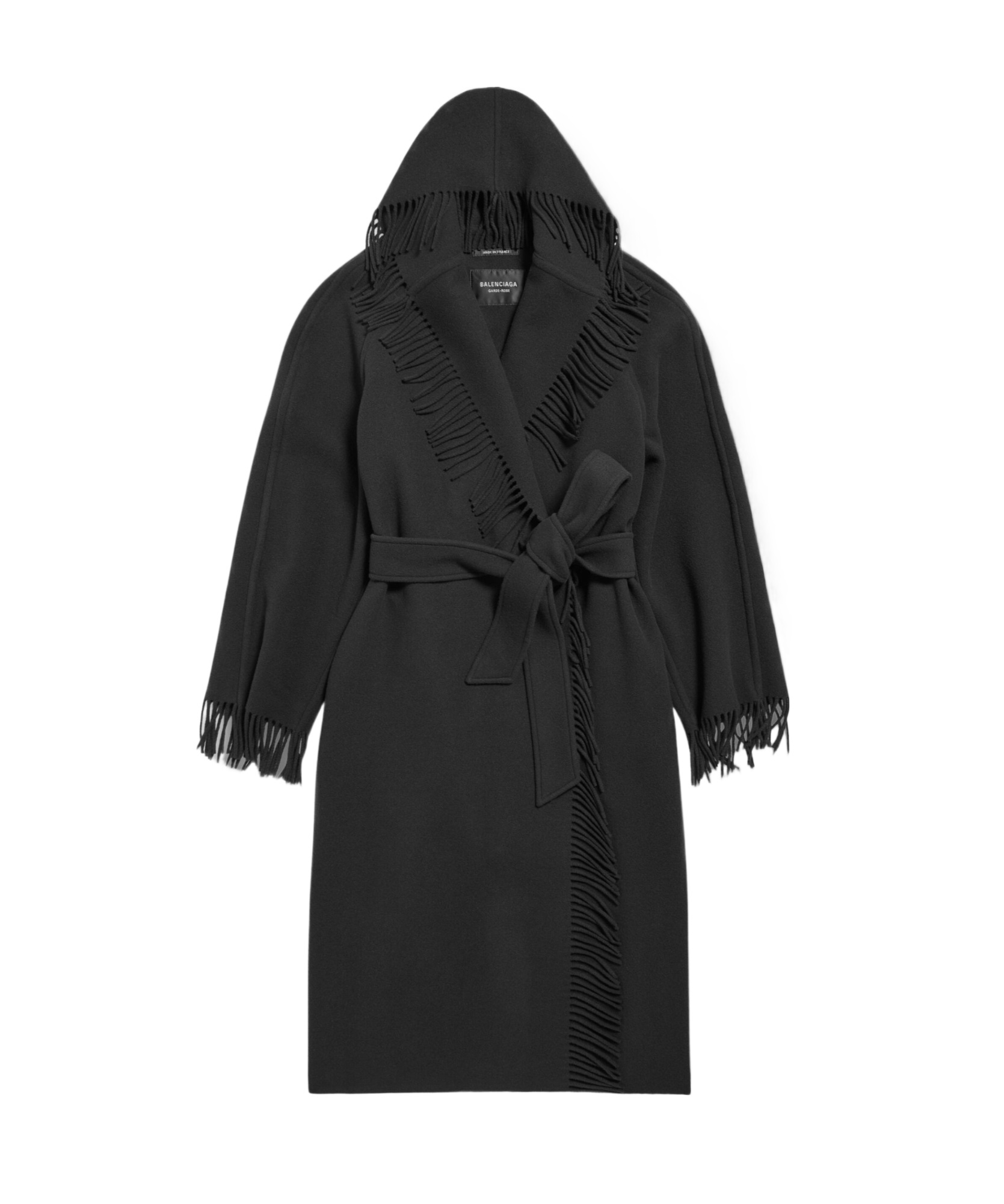 Balenciaga Fringed-edge Wool Coat In Black