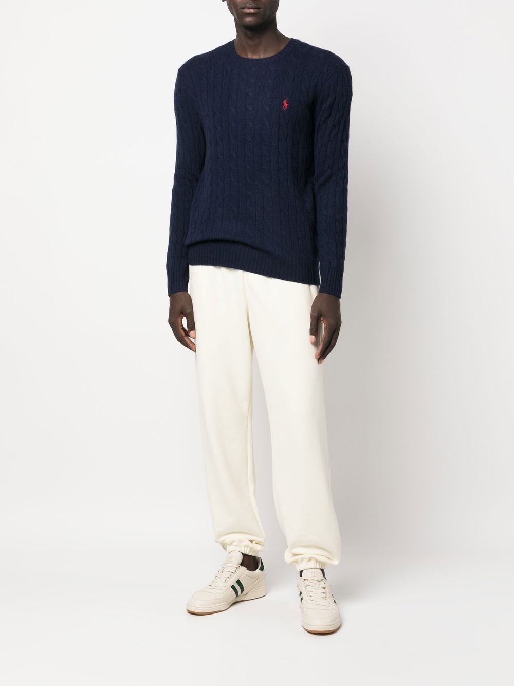 Polo Ralph Lauren Blue Cable Knit Crewneck Sweater With Pony Embroidery On The Front In Wool And Cashmere Man