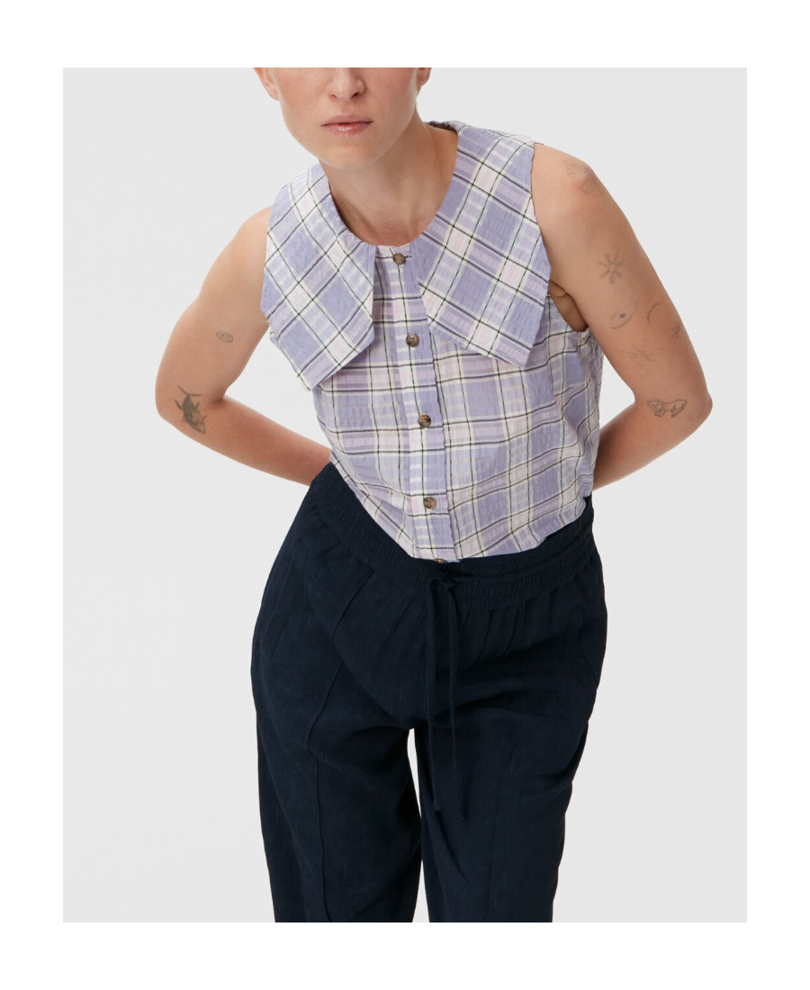 Ganni Seersucker Checked Sleeveless Button-front Shirt In Purple