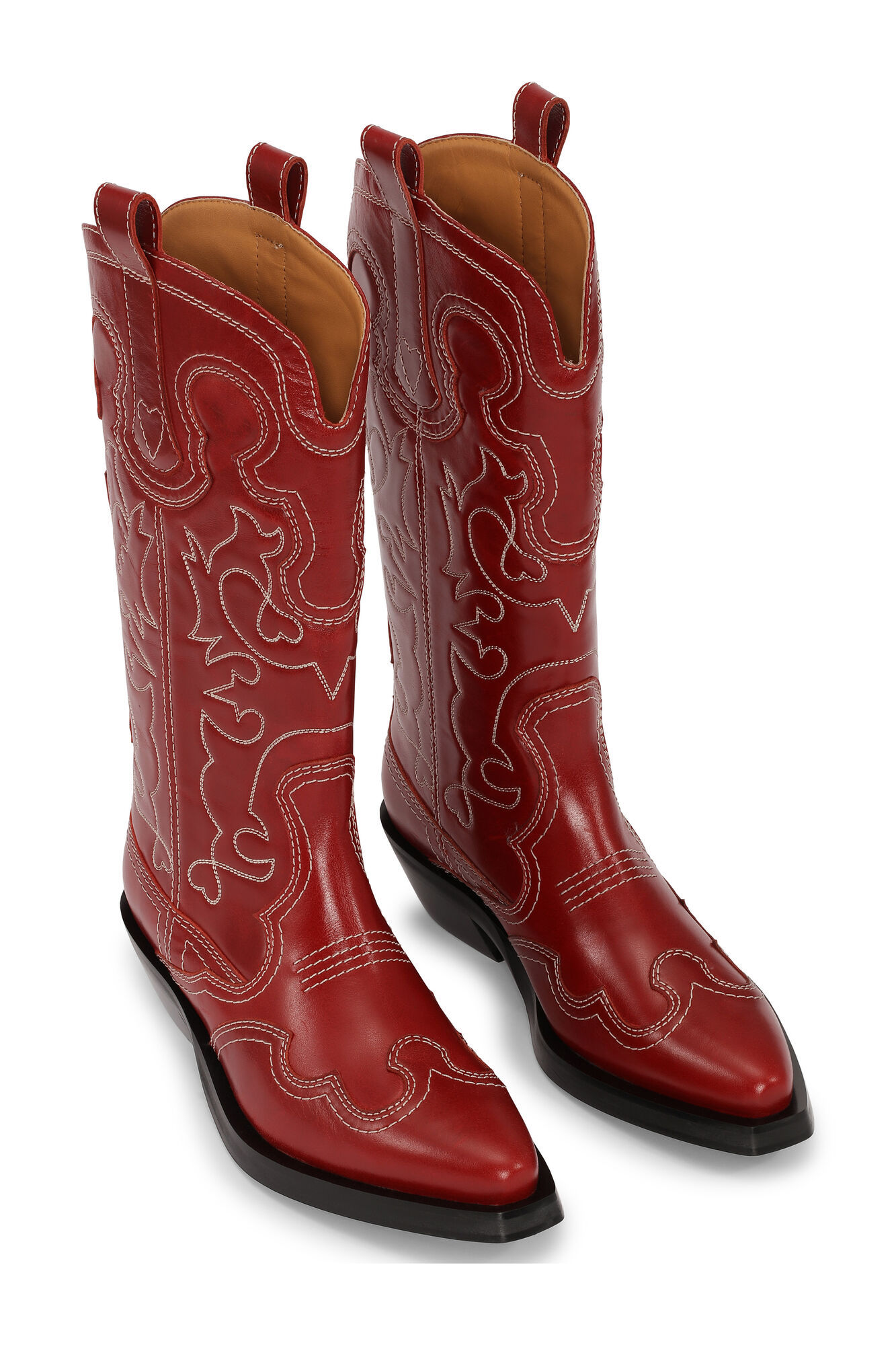 Ganni Mid Shaft Embroidered Western Boots In Red