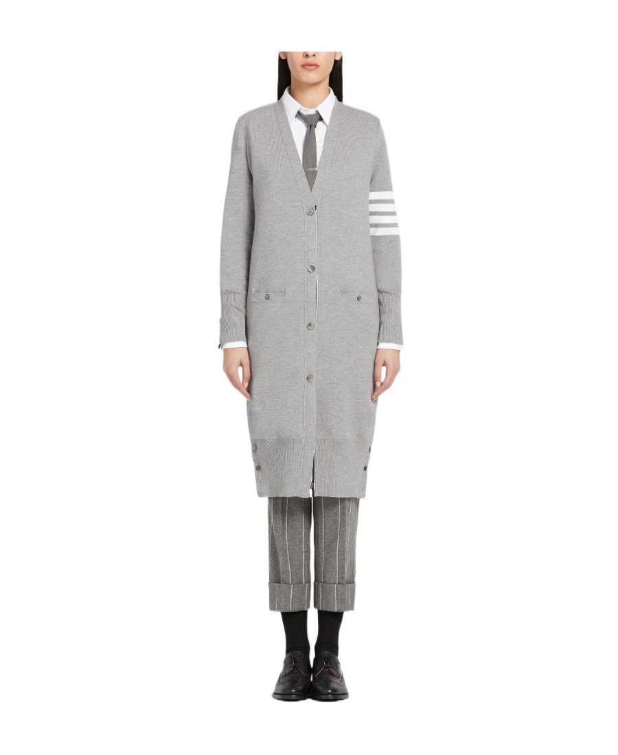 Thom Browne Virgn Wool Cardigan Dress With Sporty Stripe Detail In Gray