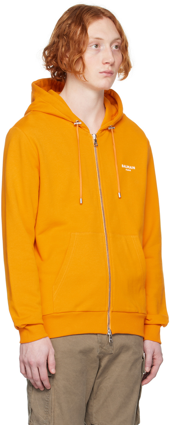 Shop Balmain Flocking Hooded Zipper Hoodie In Orange