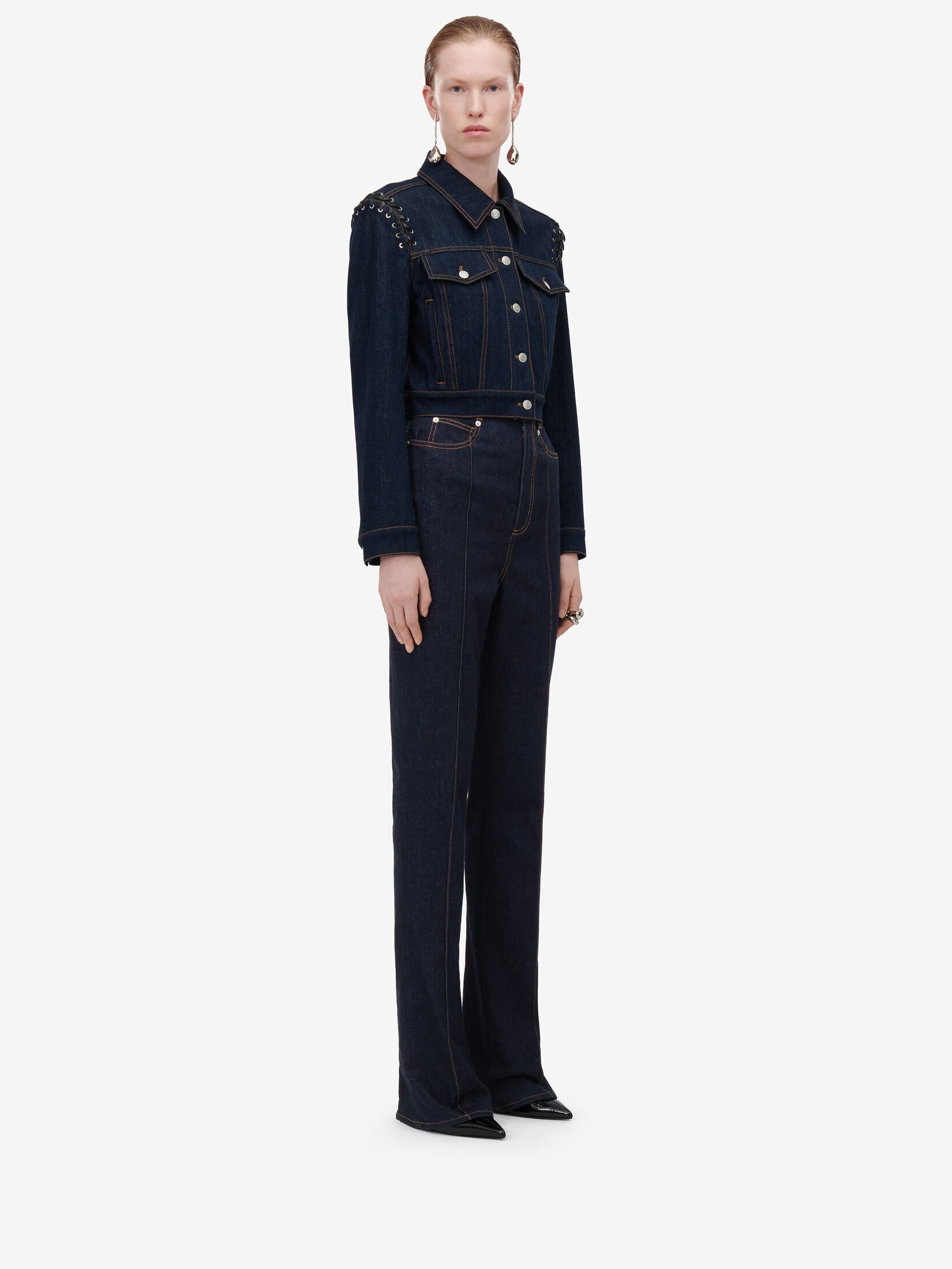 ALEXANDER MCQUEEN LACE-UP CROPPED DENIM JACKET