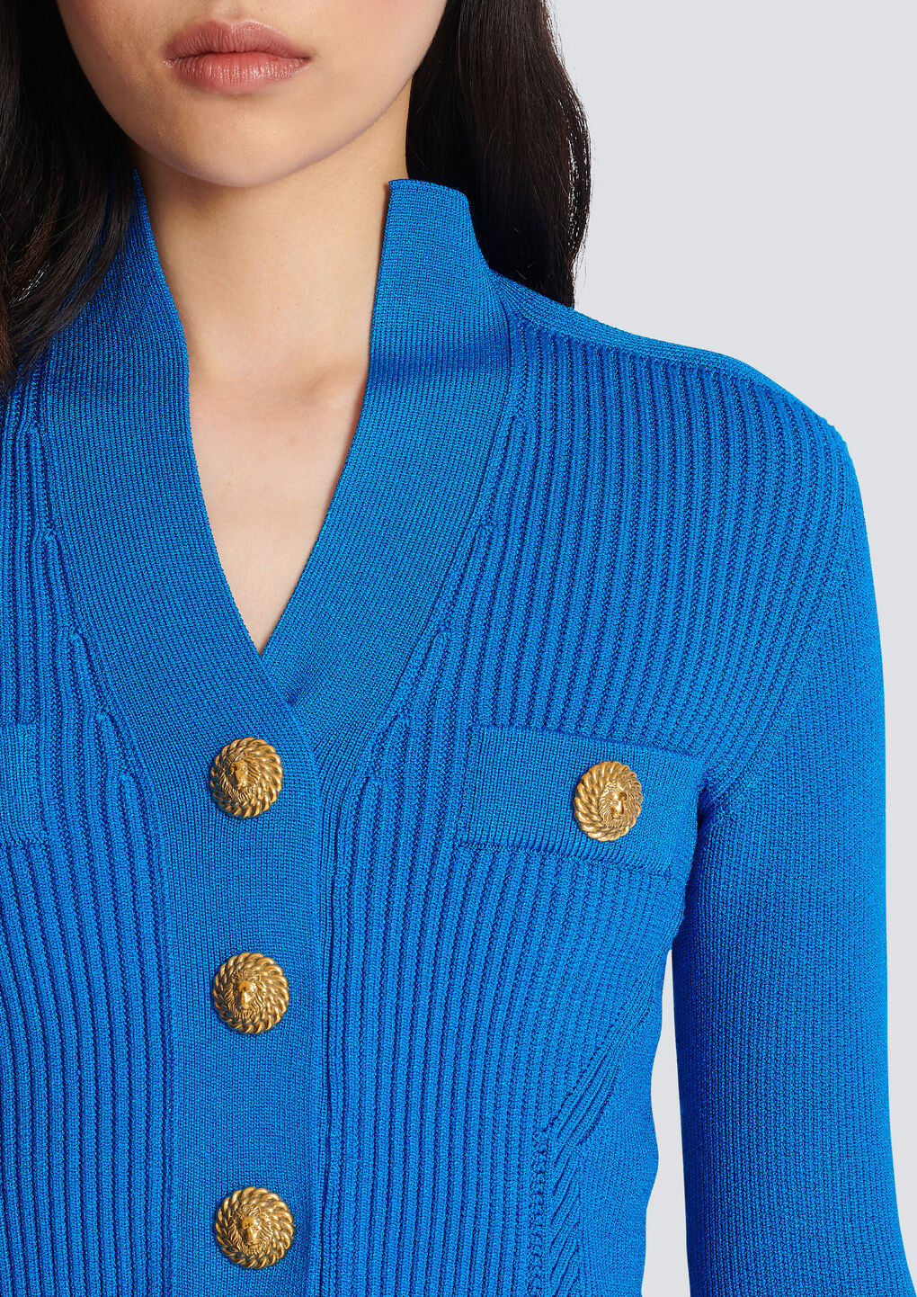 Balmain Embossed-button Ribbed Cardigan In Blue