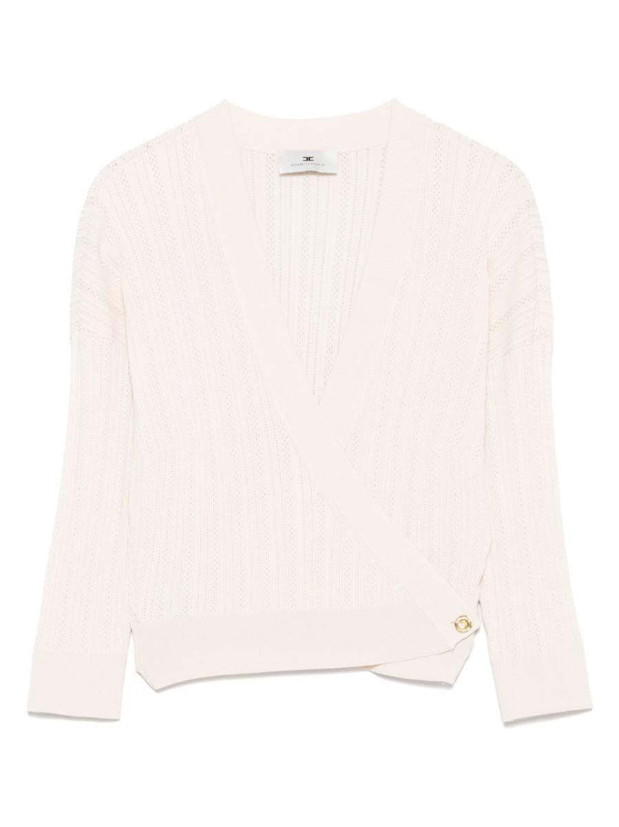 Elisabetta Franchi Beige V-neck Sweater With Side-buttoned Sleeves In Neutral
