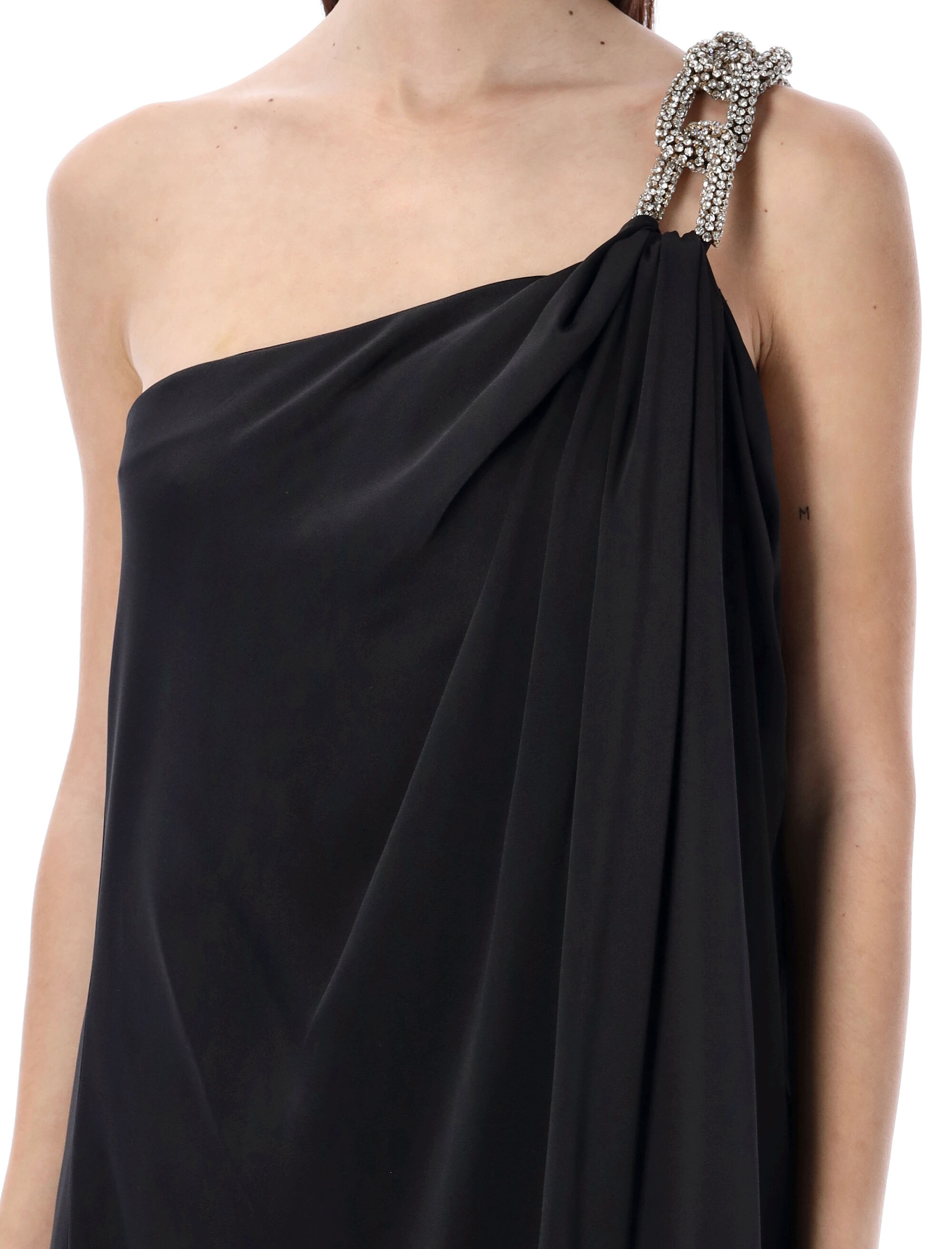 Stella Mccartney Falabella One-shoulder Crystal-embellished Satin Gown In Black
