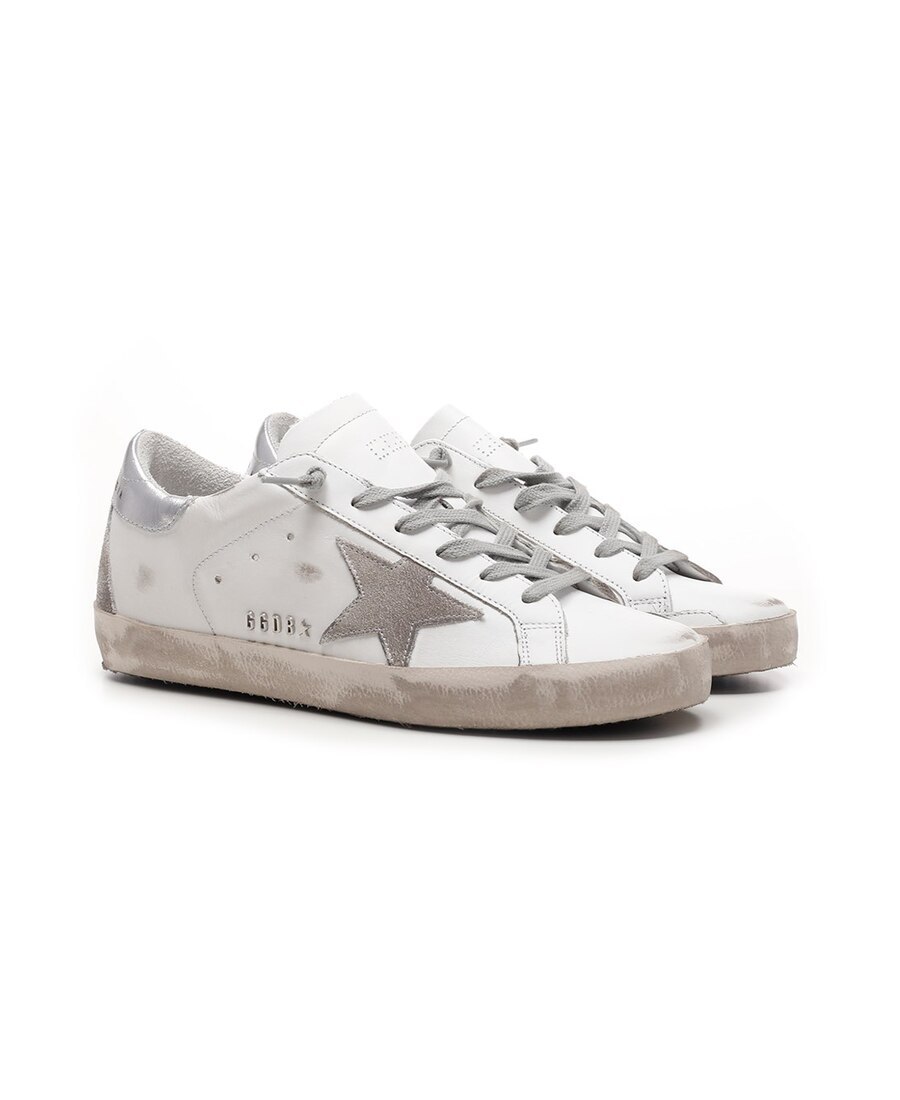 GOLDEN GOOSE MENS SUPER-STAR SNEAKERS WITH SILVER HEEL TAB AND METAL STUD LETTERING