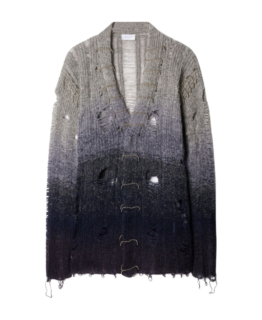 Off-white Distressed Effect Wool Cardigan With Beads Detail In Black