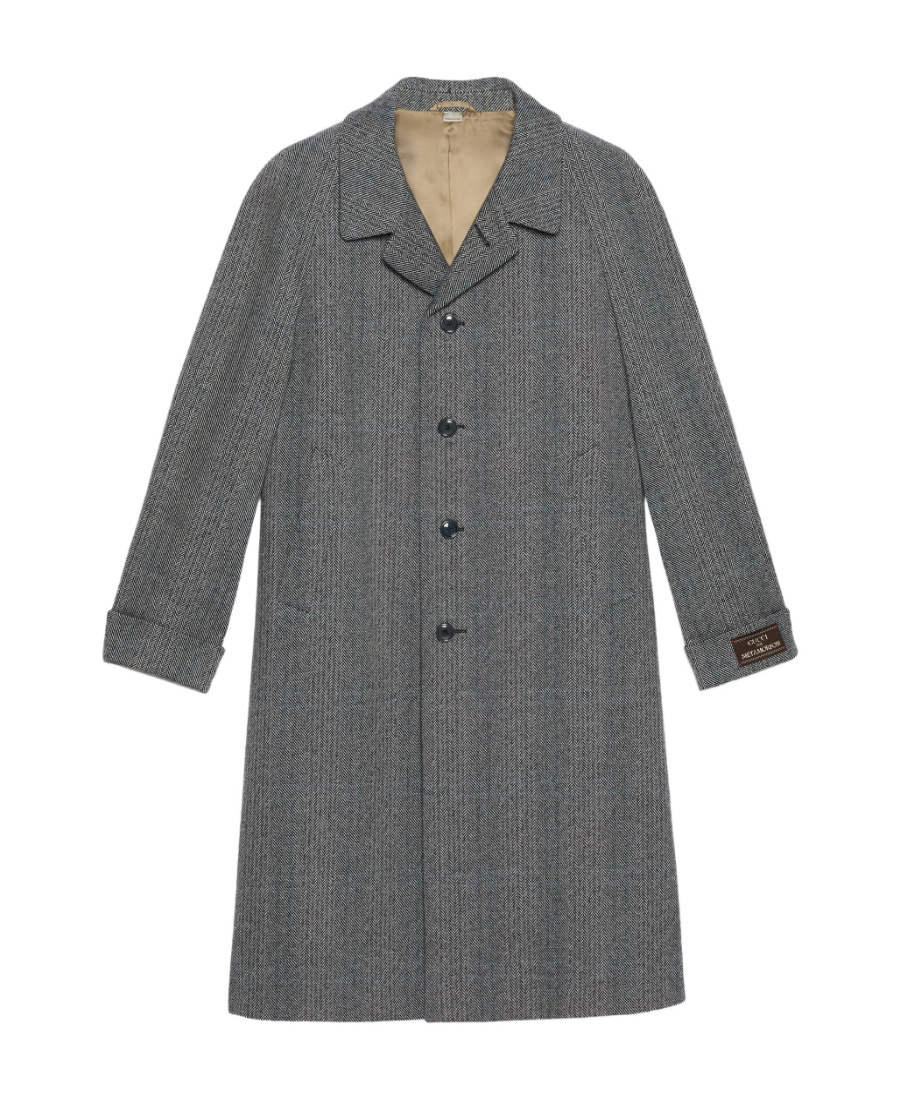 Gucci Long Houndstooth Wool Coat With Peaked Lapels In Gray