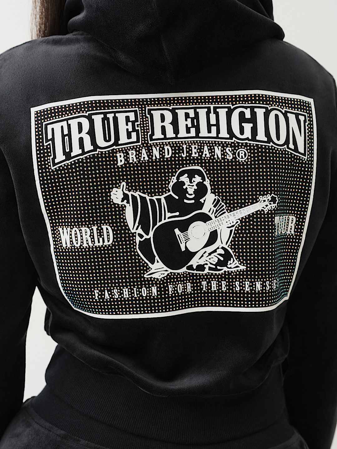 TRUE RELIGION VELOUR CRYSTAL SHRUNKEN ZIP HOODIE