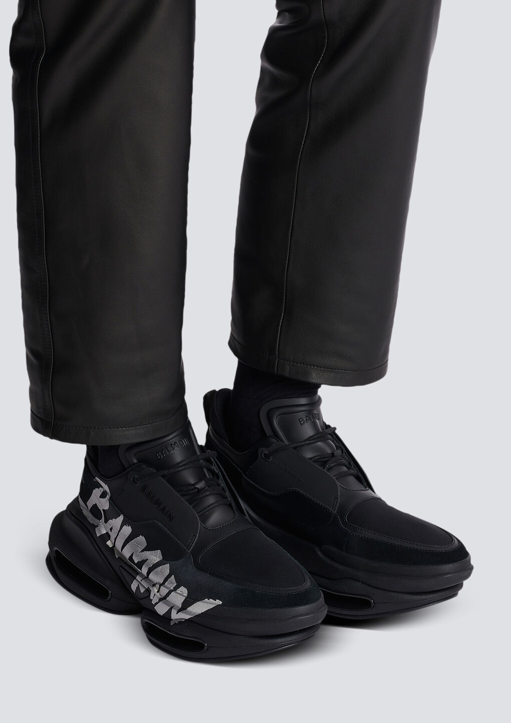 BALMAIN B-BOLD TRAINERS IN RUBBERISED LEATHER AND NEOPRENE