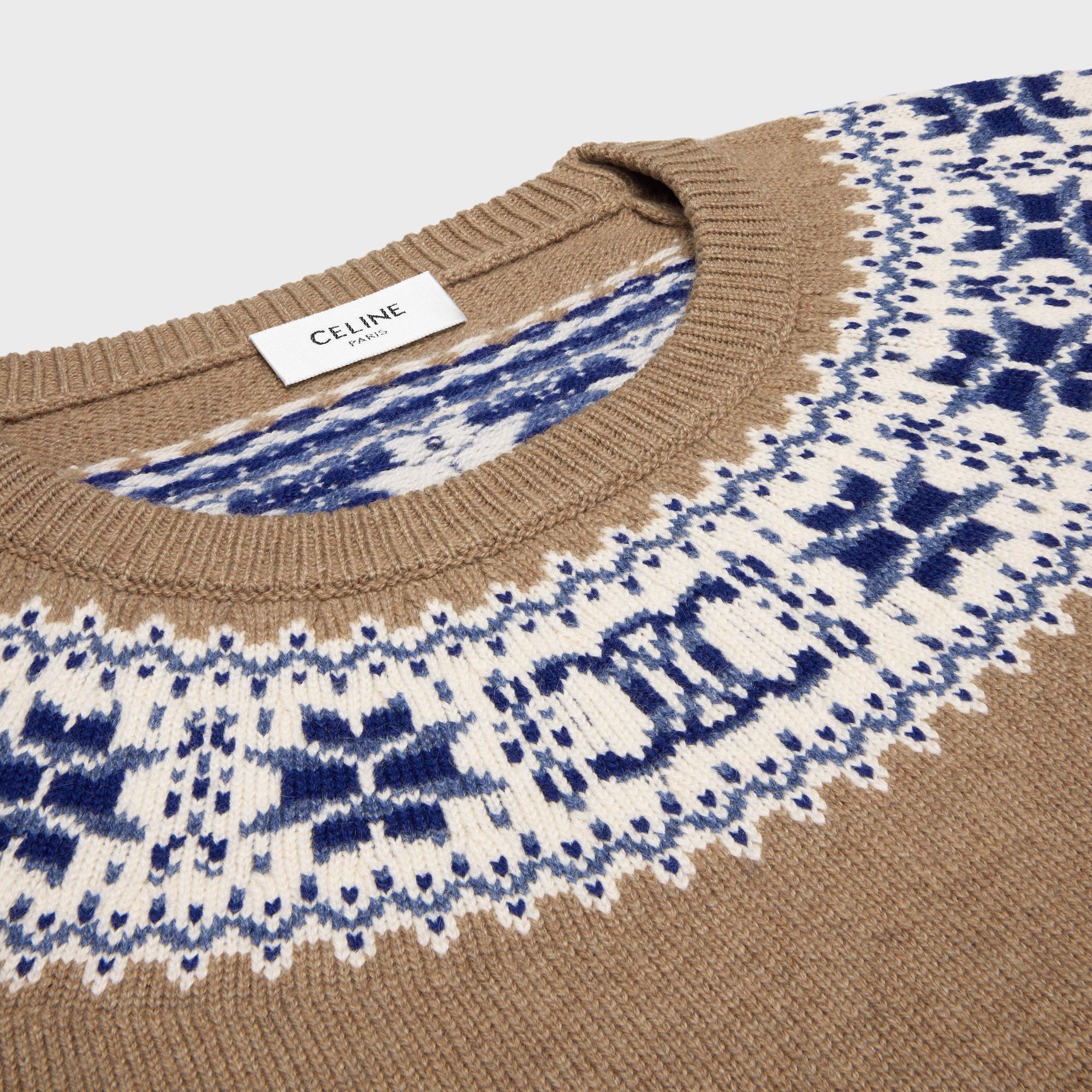 Celine Crew Neck Sweater In Fair Isle Cashmere In Brown