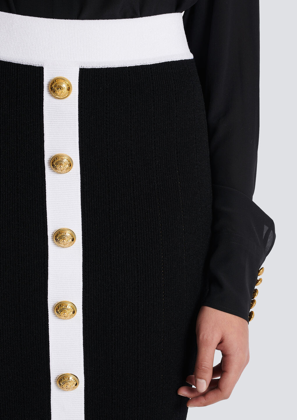 Balmain Button-embellished Ribbed-knit Midi Skirt In Black