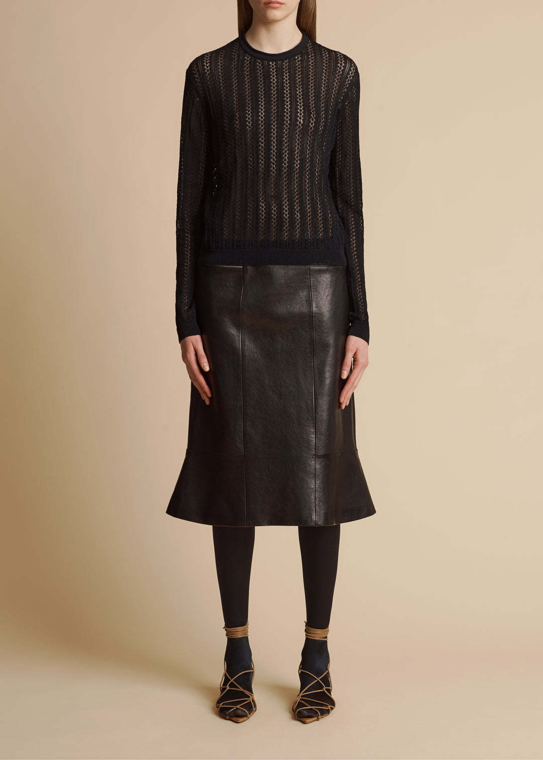 Khaite Colleen Crewneck Long-sleeve Pointelle Knit Top In Black