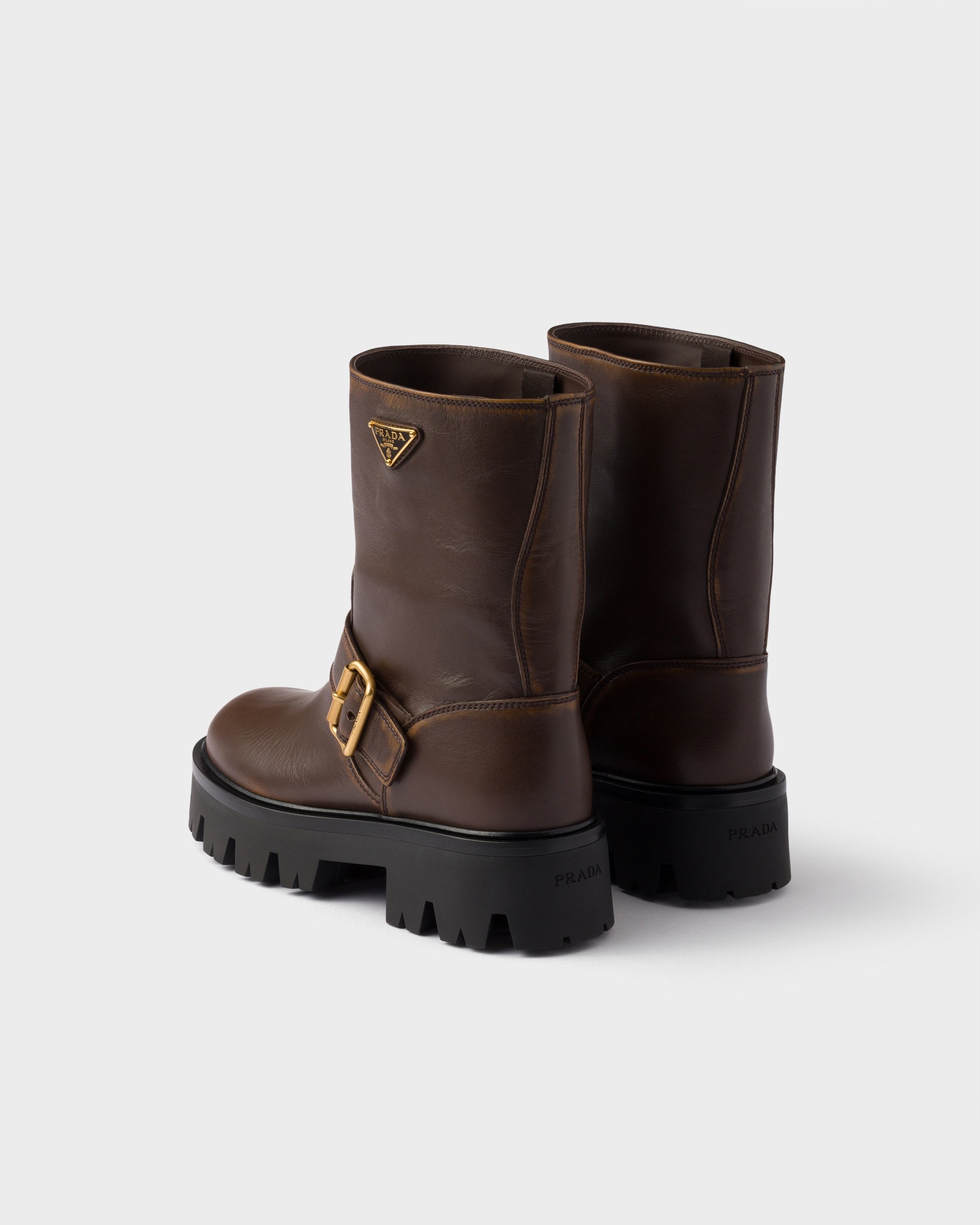 Prada Leather Boots With Vintage Effect And Logo In Black